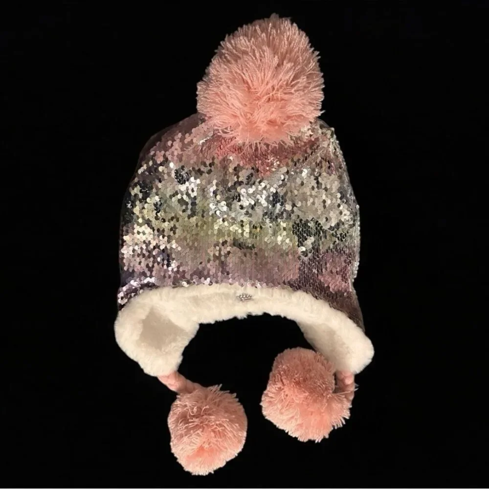 Pink Super Sequins pompom hat, for girls. pink and white with rainbow se…